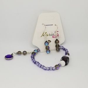 Purple Elastic Bracelet Charm beads earrings set